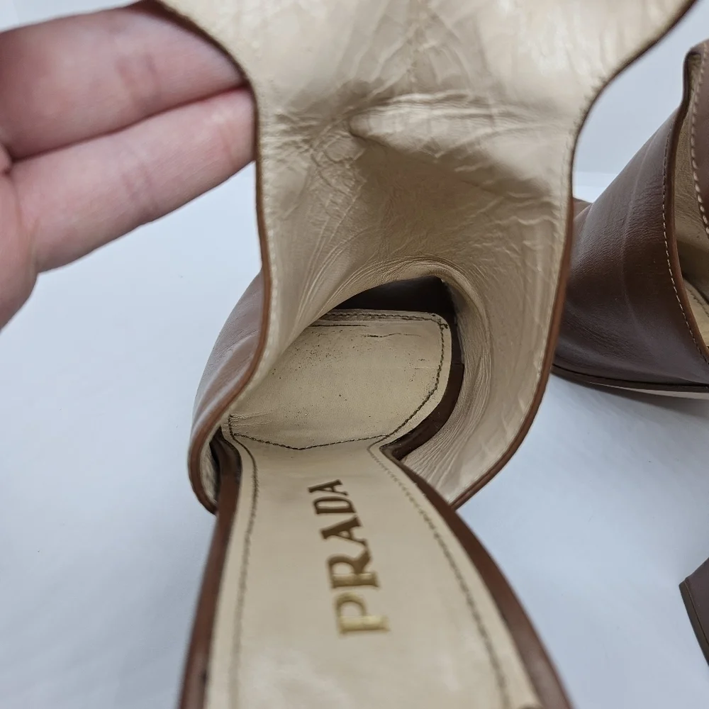 Prada brown leather peeptoe ankle wrap heel booties EU 38